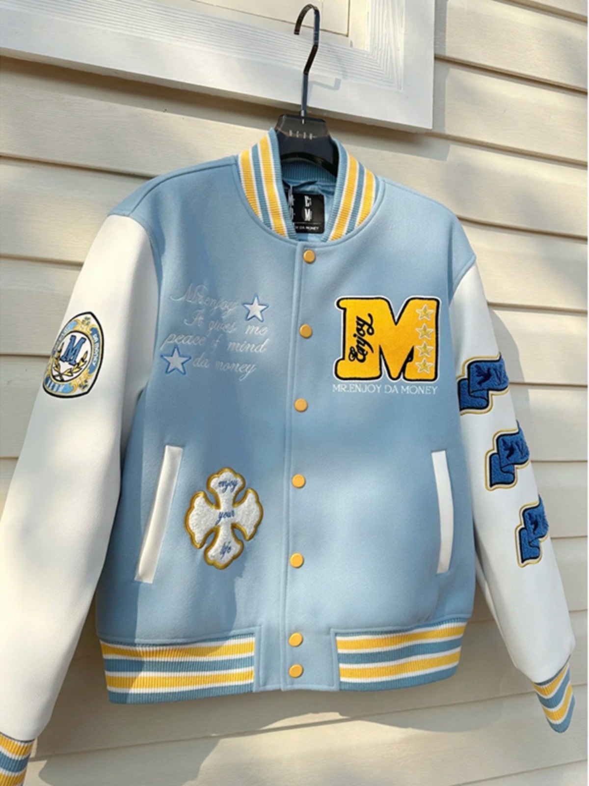 Uniforme de béisbol retro americano klein manga de cuero azul costura suéter chaqueta de los hombres de pareja azul chaqueta casual