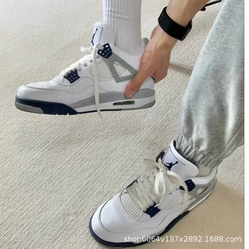 Aj4 White Sail White Black Racing Blue Thunder White Purple Buckle Basketball Shoes Joe 4 Thor White Cement High Top Men's and Women's Sports Shoes
