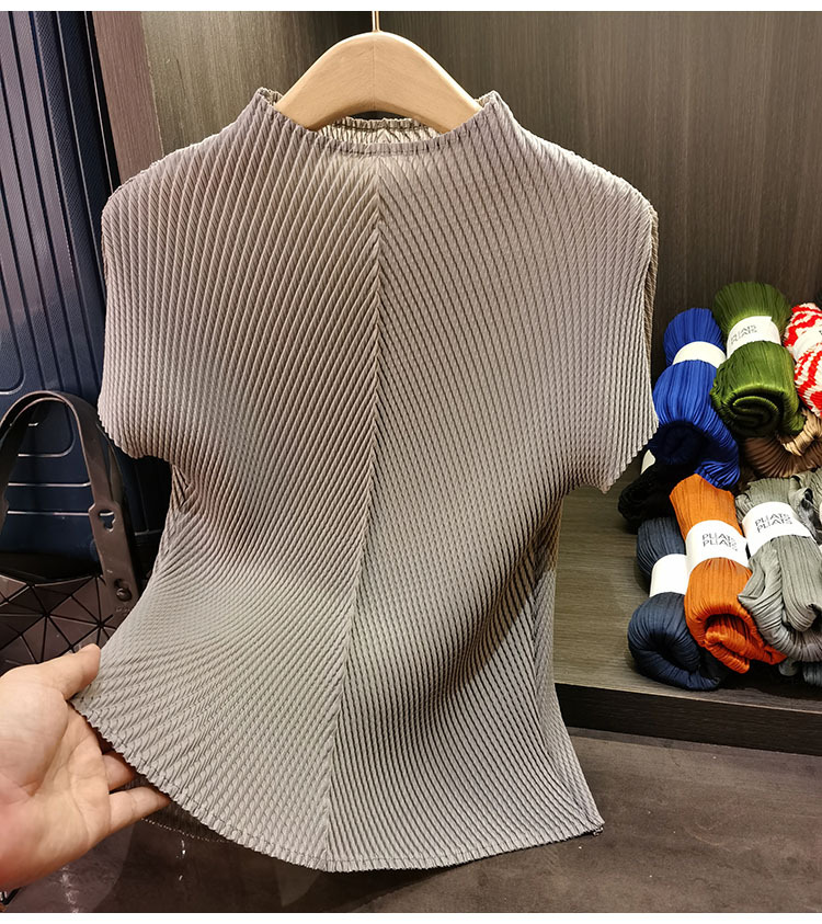 Áo cổ đứng xếp li vảy rồng tay ngắn nữ cao cấp đa năng — Màu đen, Màu đỏ hoa hồng, Màu hồng, Màu xanh lá chi tiết 15