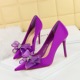 18249-H38 European and American style banquet high heels, slim heels, satin, shallow mouthed pointed rhinestones, lace bow single shoes