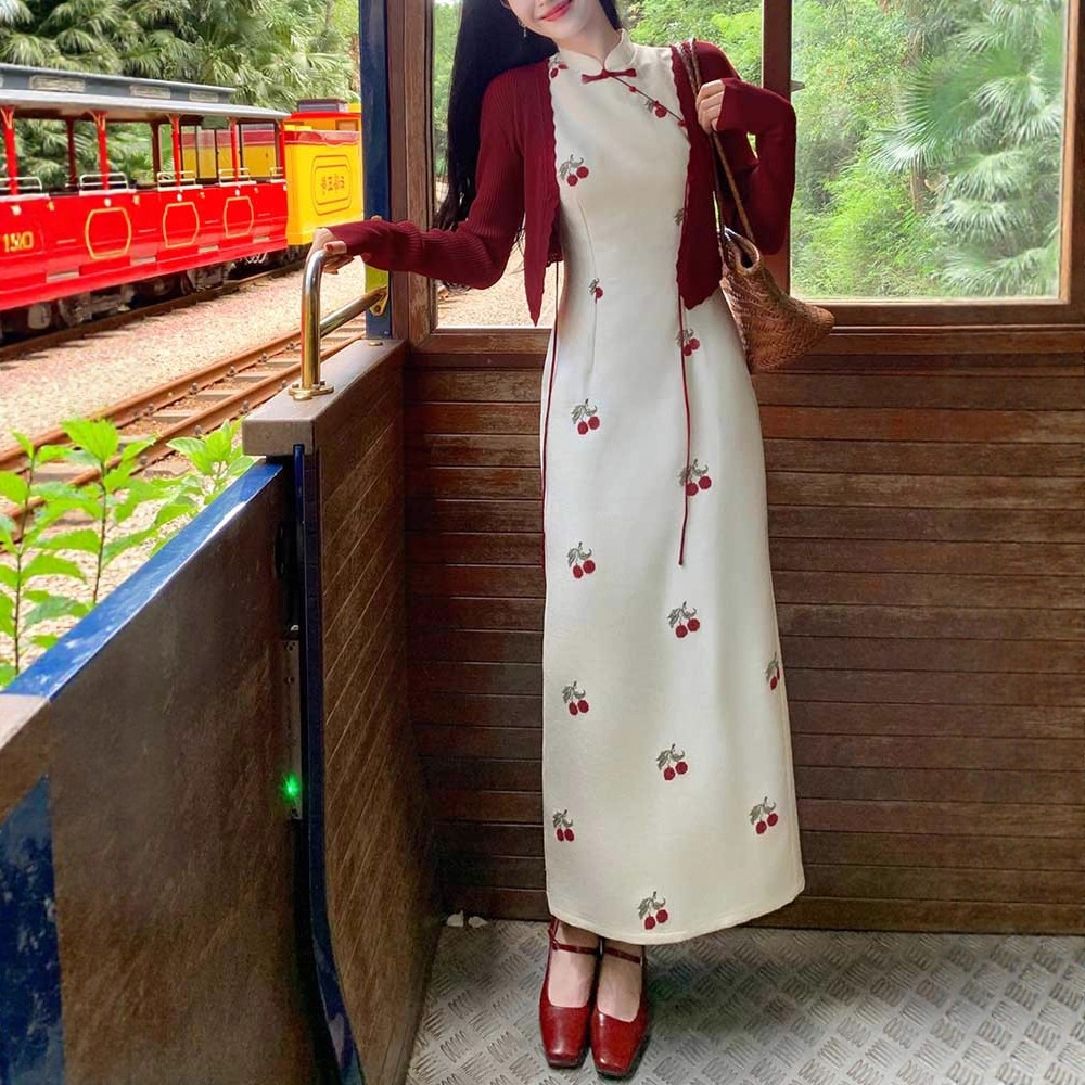 Qin Ying' New Chinese Style Cherry Embroidery Modified Cheongsam For Women, Early Autumn Vintage Stand Collar_ecoleips.com