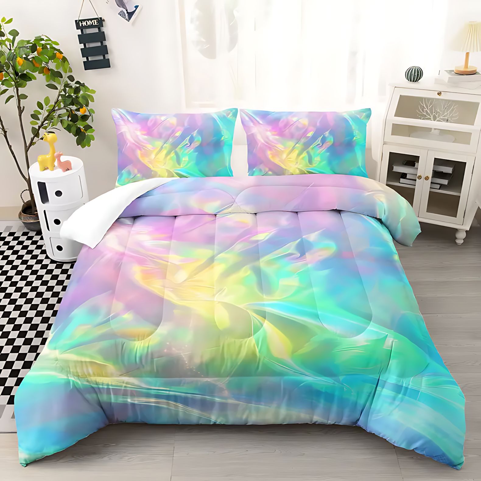 TEMU / JIT transfronterizo textil casero arco iris gradiente impresión digital 3D 180gms colchacha colchón conjunto de almohada se puede ajustar