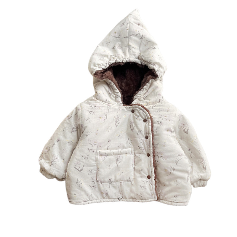 Invierno de bebés femeninos abrigo de algodón 2025 nuevo estilo para niños sombrero de aire extranjero y ropa de algodón de lana chaqueta de algodón caliente para bebés