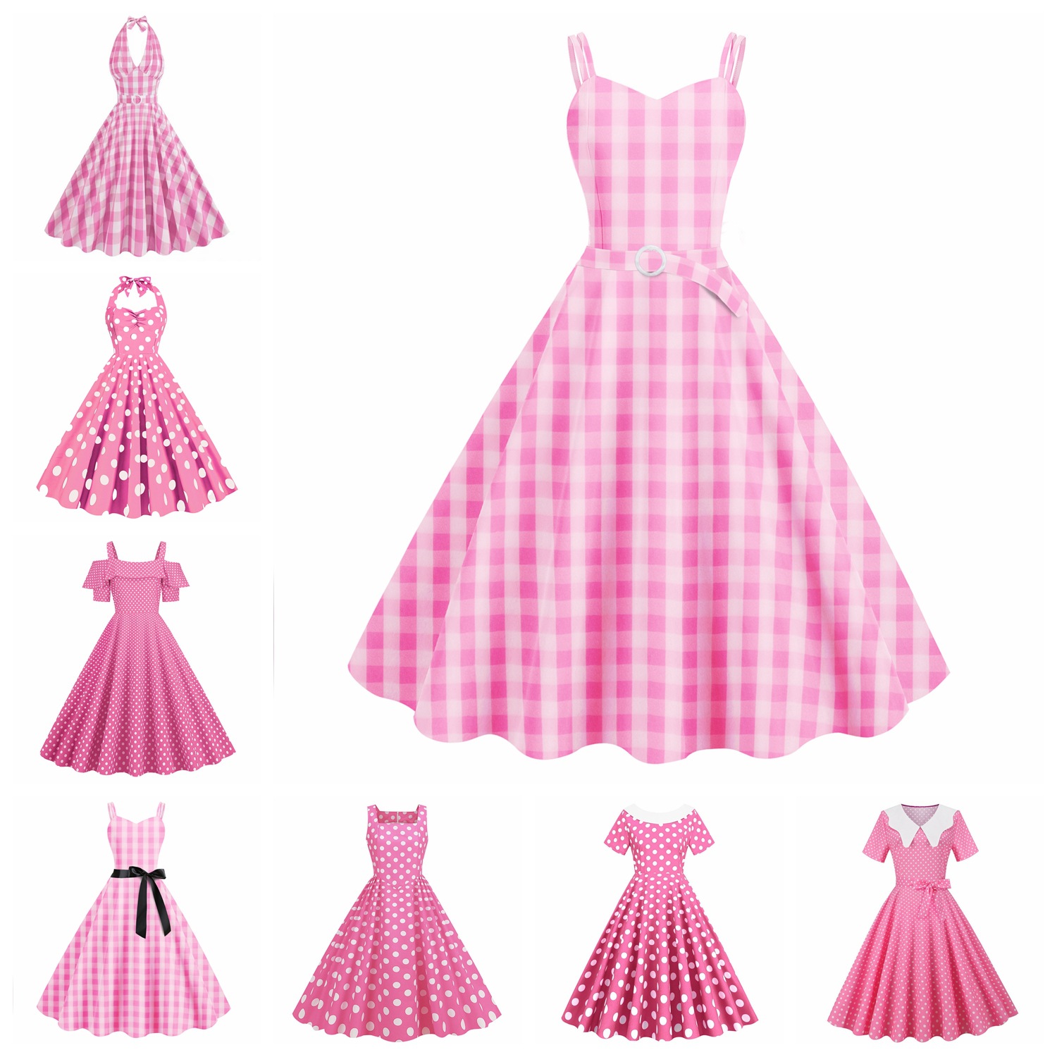 跨境流行真人版芭比粉色系列女装修身格纹波点印花复古连衣大摆裙