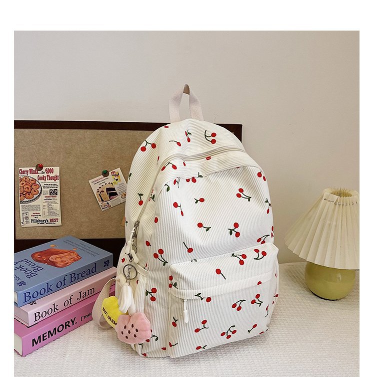 1197g Weight Polyester Lining Material Zipper Closure Type Double Shoulder Straps Strap Type Casual, School, Daily Occasion Corduroy Material Back To School Festival School Backpack Backpack Cherry Pattern All Seasons Season Women's Gender Cute Style Shell Shape Cherry Casual School Daily School Backpack 33