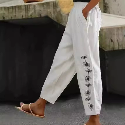 2023 повседневные белые хлопковые льняные льняные одуванчики с принтом карманы эластичный пояс свободные брюки