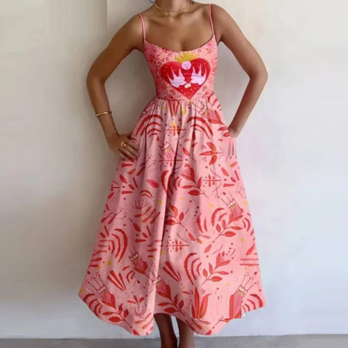 Elegant Women's Spring Dress 2025 Solid Color Sexy U-Neck Waist Cinching Pleated Strap Flowy Dress