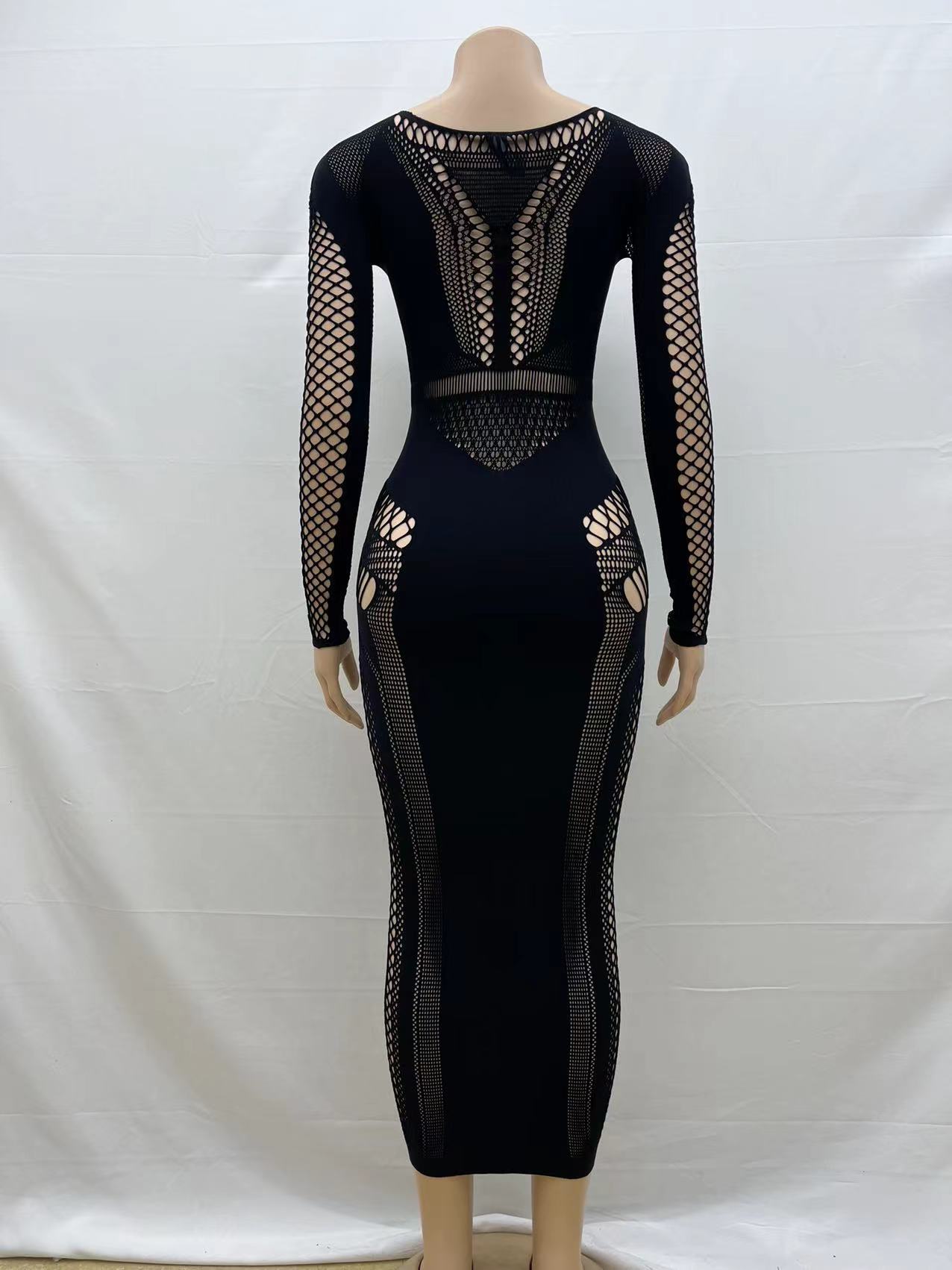 Solid Color round Neck Sexy Slim Hollow Out Cutout Long Sleeve One Piece Knitted Long Sheath One Step Jumpsuit