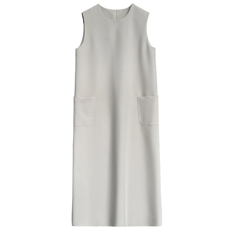 Sleeveless Elegant Commuter Suit Vest Dress for Women, Loose Round Neck, Drapey, Simple Straight Skirt 3622