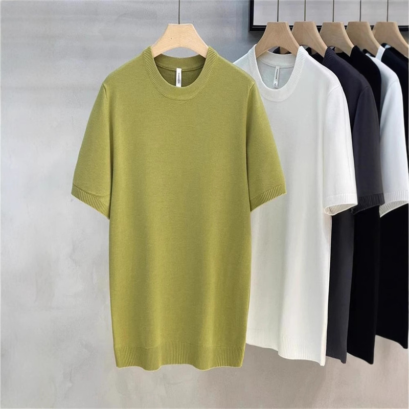 Yi Kos Men's Imitation Sheep Lyocell Spring and Autumn Velvet Knitted Men's Short-sleeved T-shirt Round Neck Solid Color Base Simple Men's Yi Kos Men's Imitation Sheep Lyocell Spring and Autumn Velvet Knitted Men's Short-sleeved T-shirt Round Neck Solid Color Base Simple Men's