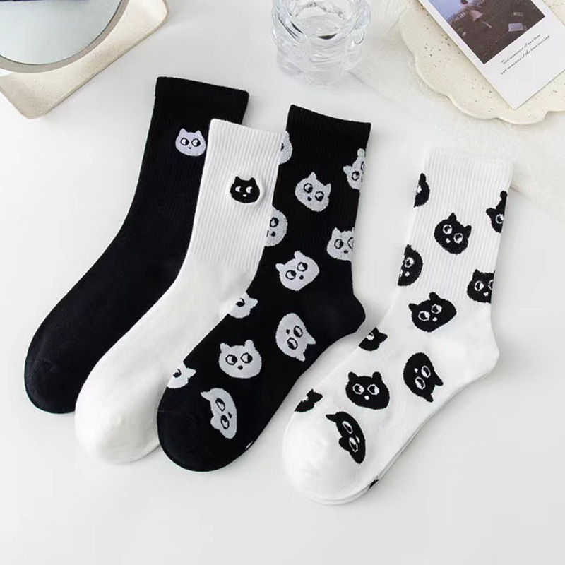 Women's Socks Spring and Summer Mid-Tube Cute Kitten Versatile Ins Black and White Cartoon Long Socks Korean Style Slouch Socks