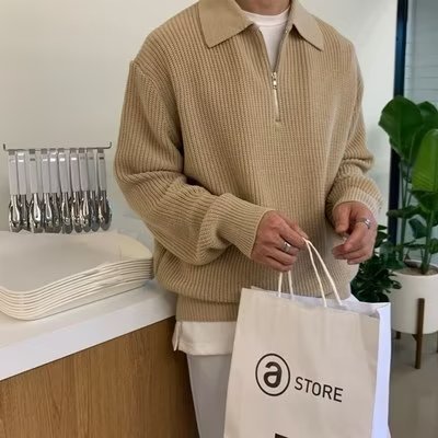 Japanese-Style High-End Design Semi-Zip Sweater for Men, Ins Trendy Brand Polo Collar Slim Fit Versatile Base Knit Top