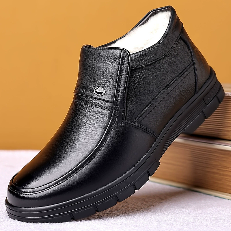 Зимние высокие туфли, шерстяная мужская обувь на флисовой подкладке, Зимняя Теплая мужская хлопковая обувь, мужская деловая повседневная обувь из воловьей кожи, хлопчатобумажная кожаная обувь