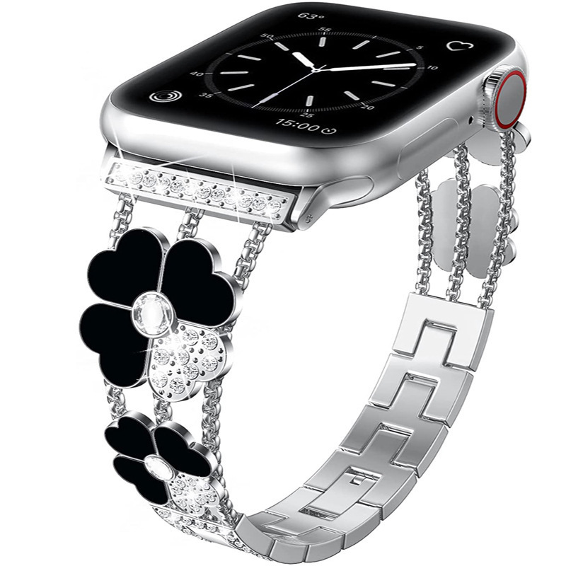 适用苹果apple watch1-7代四叶草苹果手表带iwatch镶钻树脂金属带