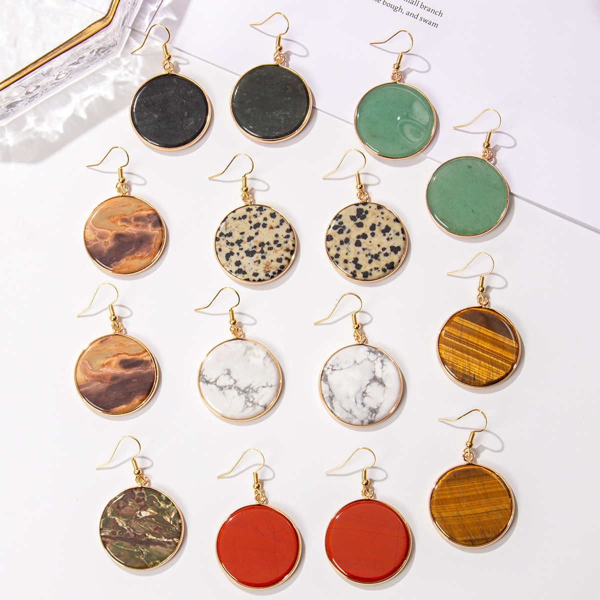 Zhouhang Jewelry Cross-Border Hot-Selling Natural Crystal Earrings Blue Pine Pattern Round Pendant Earrings Exaggerated Earrings Wholesale