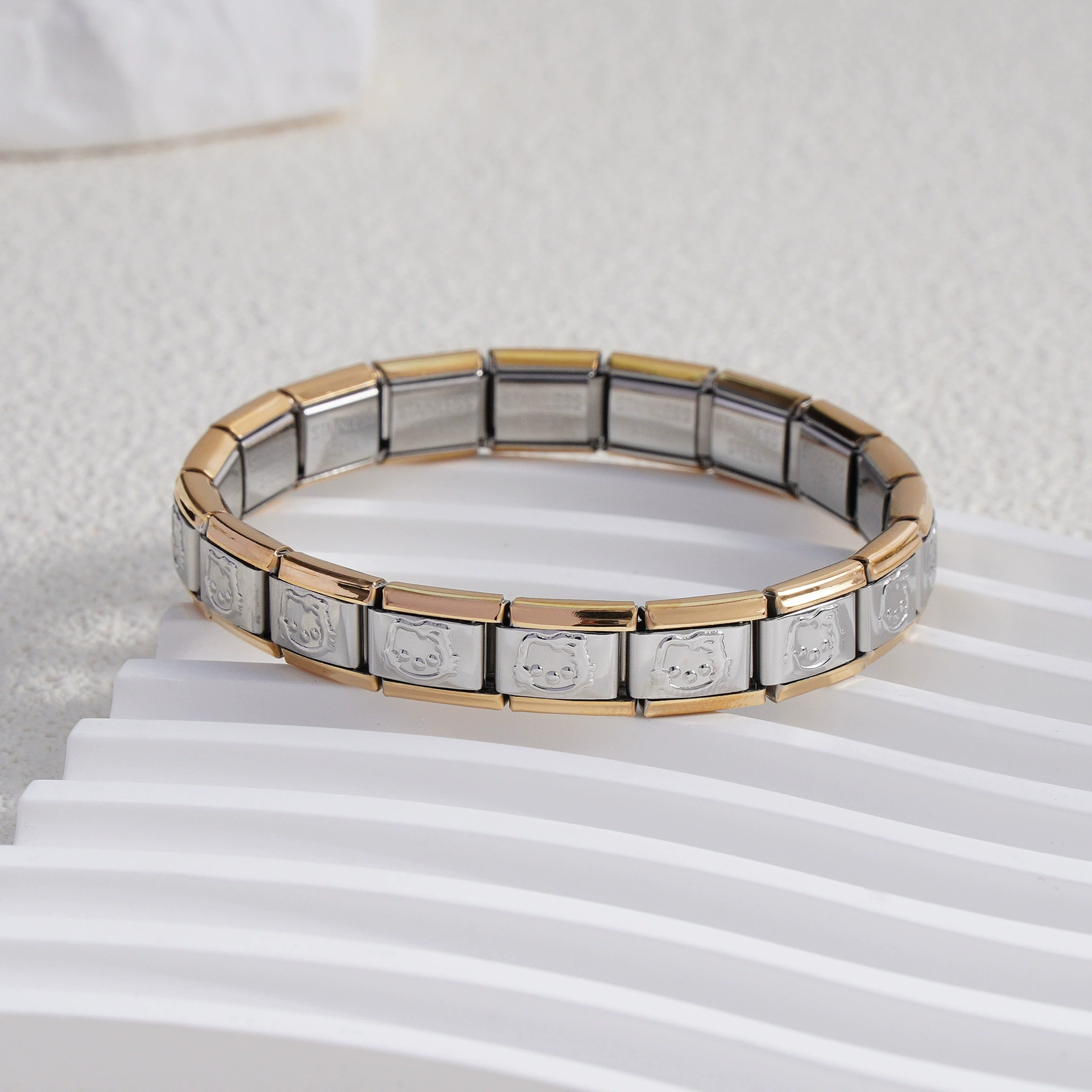 stainless steel bracelet, removable elastic link watch strap, italian european style, assorted charms