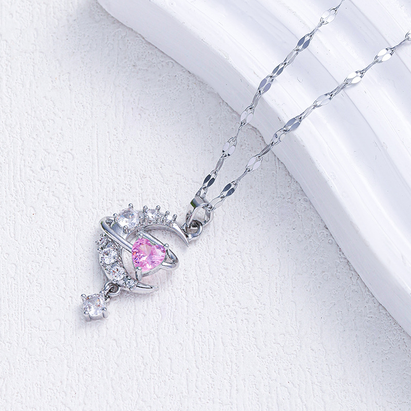 Titanium Steel Pendant Material Wholesale Jewelry Elegant Classic Style Moon Heart Shape Titanium Steel Zircon Pendant Necklace
