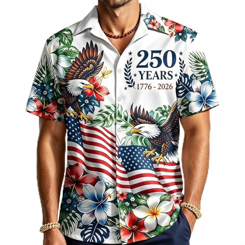 250Th Anniversary of American Independence Day Hawaiian Men's Shirt Patriotic Style Short Sleeve Lapel Button Shirt 250Th Anniversary of American Independence Day Hawaiian Men's Shirt Patriotic Style Short Sleeve Lapel Button Shirt