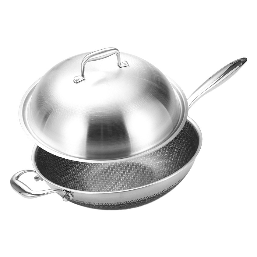 Wok de acero inoxidable 304 pantalla de doble cara panal sin recubrimiento wok doméstico fondo plano cocina de inducción gas universal