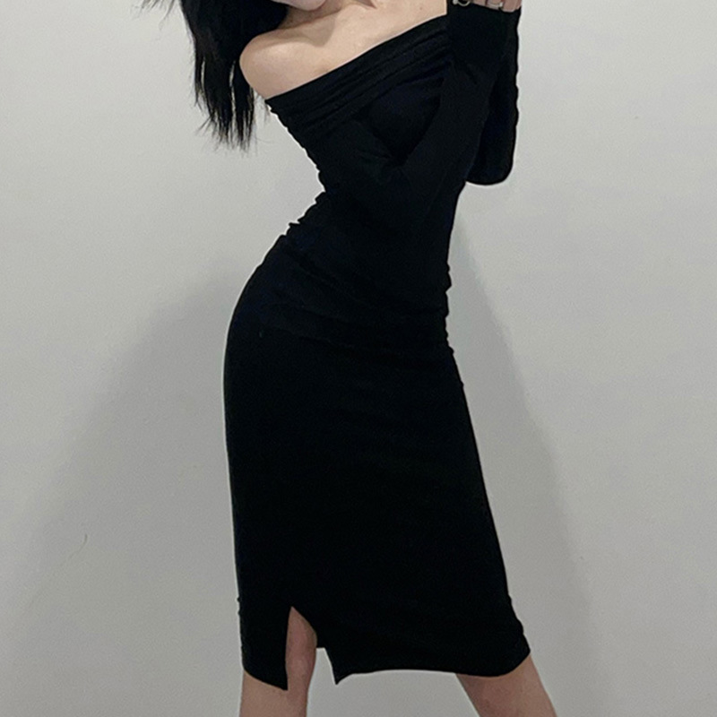 one-shoulder long sleeve slim solid color knitted dress NSGXF139404