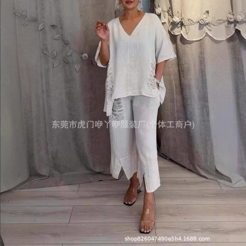 Cross-border European and American Independent Station-Summer Women's Leisure Cotton and Linen V-neck Jacket Pants with Holes and Sequins Irregular suit