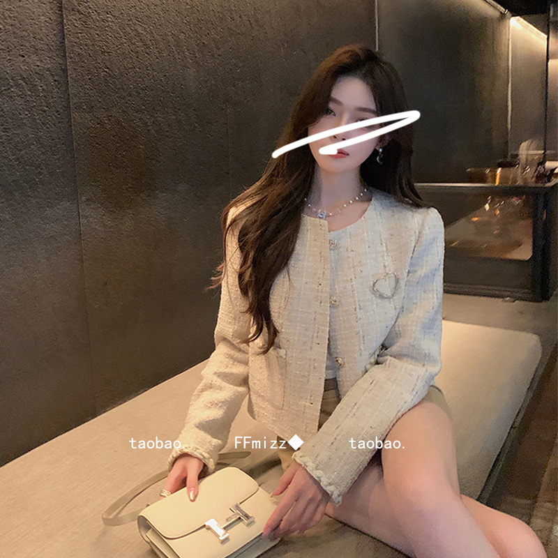 FFmizz ◆ Tweed woven short jacket with single-breasted buttons and shiny threads, a stylish and elegant wool cardigan for petite figures