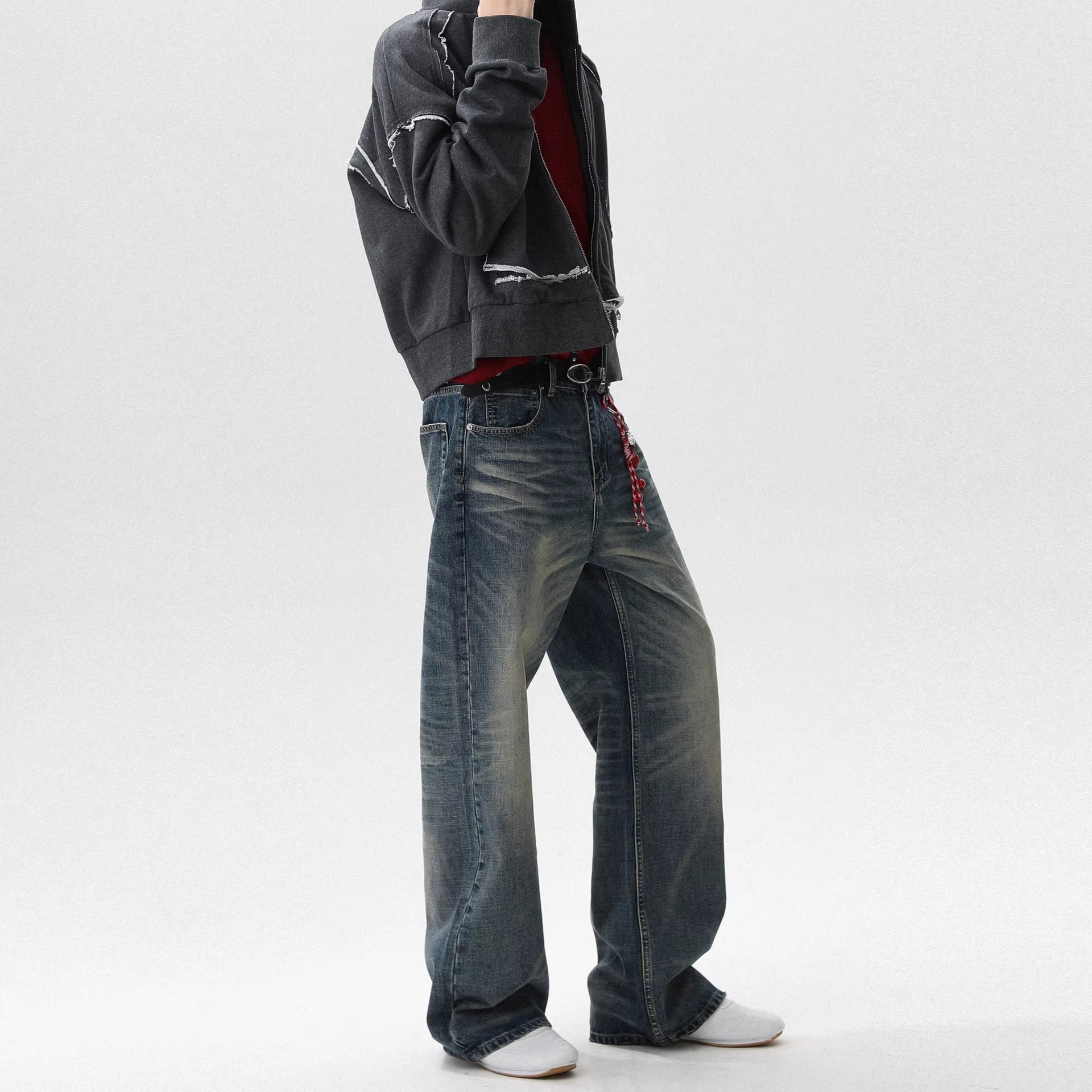 Men's American Style Washed Distressed Street Casual Jeans Loose Straight Leg Cool And Stylish Retro Trousers_mkmklike.com