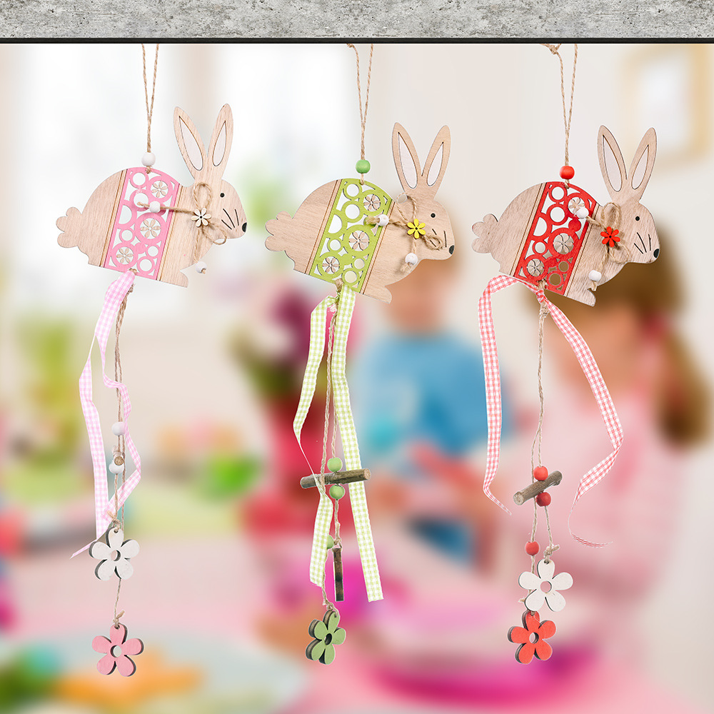 跨境新款复活节装饰用品复活节兔子木质挂件兔子粉色吊饰小树挂件