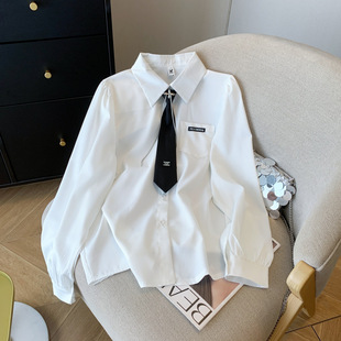 New in stock Women's White Shirt Long Sleeve Loose Lapel Shirt Design Niche Tie Satin Top