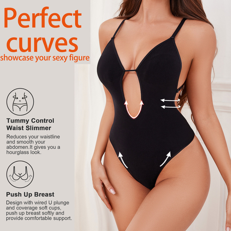 Seamless Shapewear Bodysuit with Deep V-Neck, Suitable for Wearing under Dresses, Backless, Waist-Cinching, Butt-Lifting, Thong-Style Body Shaper, Tight-Fitting Shapewear