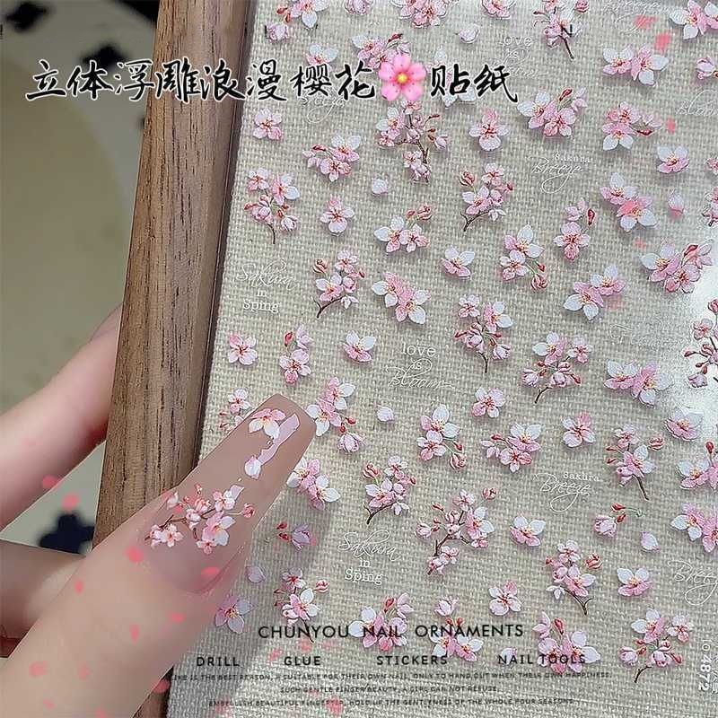 New Nail Art Cherry Blossom Stickers Spring Cherry Blossom 3D Embossed Decals Pink Girly Peach Blossom Spring Nail Stickers