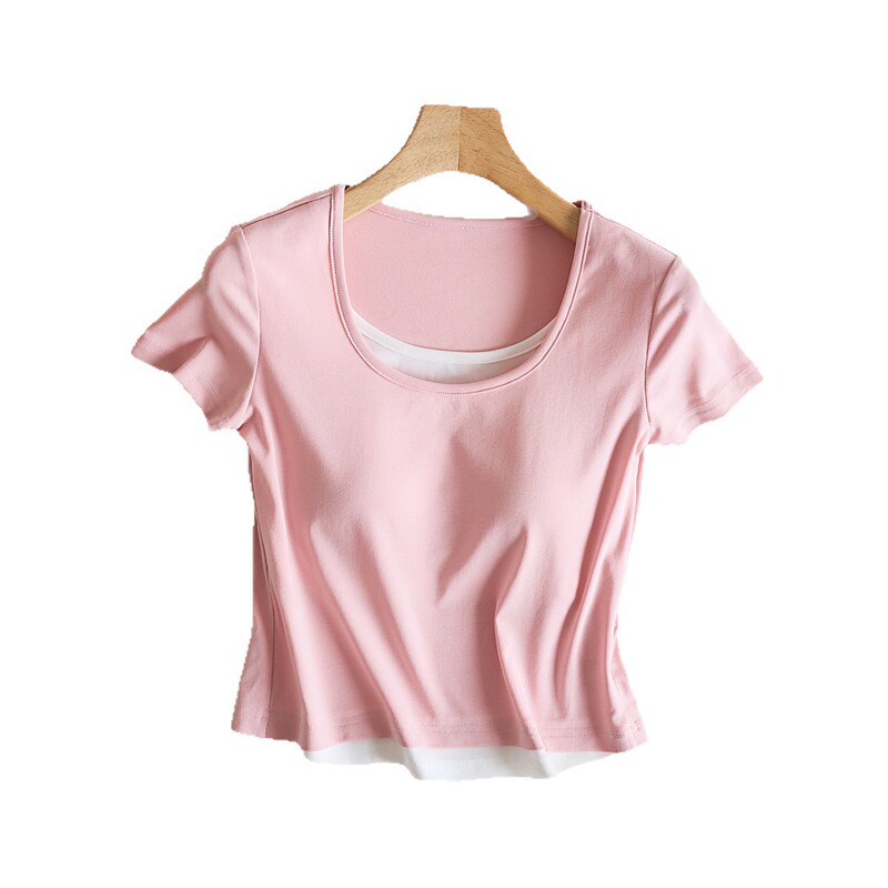 ライゼル7a抗菌胸パッド付き丸首ステッチ衝突色半袖tシャツ女性偽2枚の中に身を修める上着夏|undefined