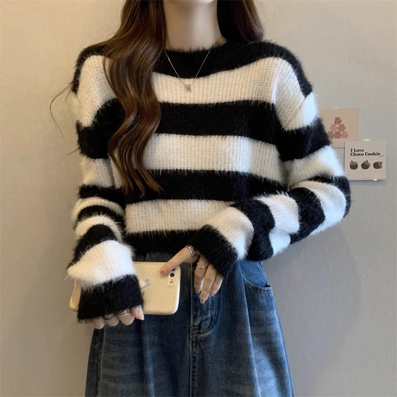 实拍~软糯水貂毛条纹毛衣女秋冬季圆领套头短款针织衫宽松上衣潮