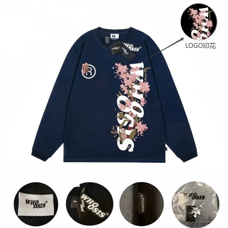 WHOOSIS不知其名春秋新款蝴蝶竖排花卉宽松圆领长袖t恤休闲上衣潮|undefined