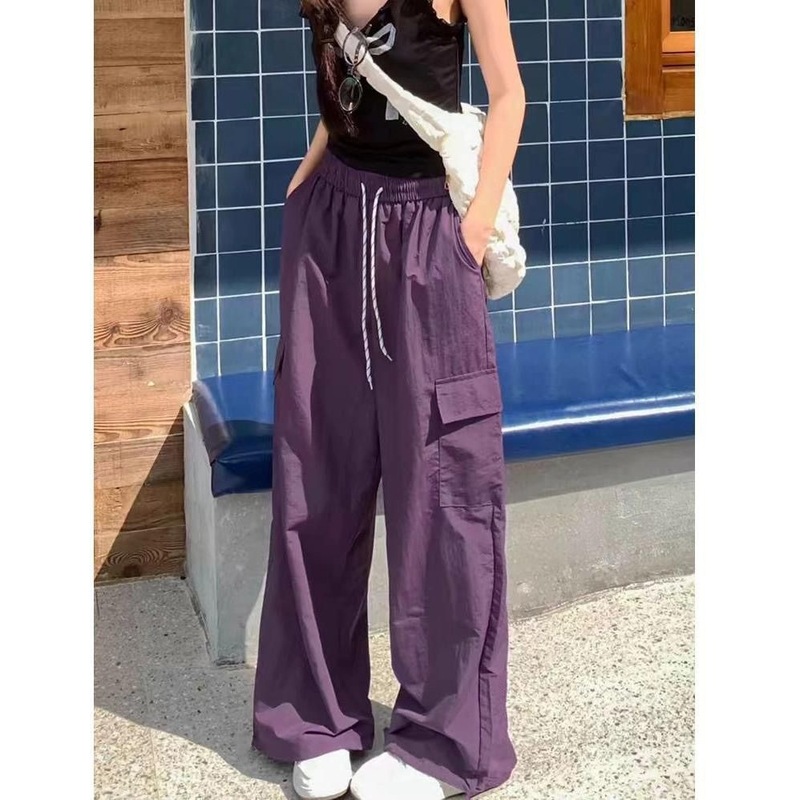 粉色工装裤女春夏秋2025新款高腰垂感降落伞速干休闲阔腿美式运动|undefined