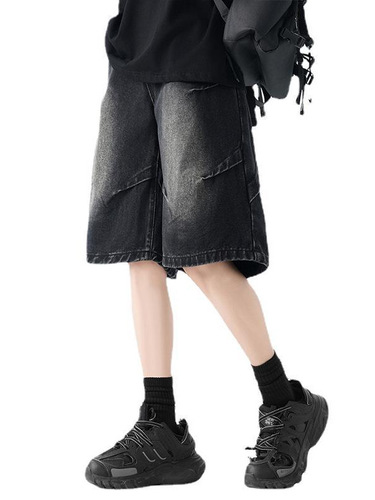 American-style designed pleated denim shorts for men, summer high-street, washed and distressed, five-pocket pants, plus-size straight-leg mid-rise pants