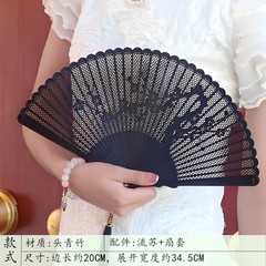 全竹扇子中国风镂空蕾丝汉服折扇女士夏季古典黑色古典舞扇便携