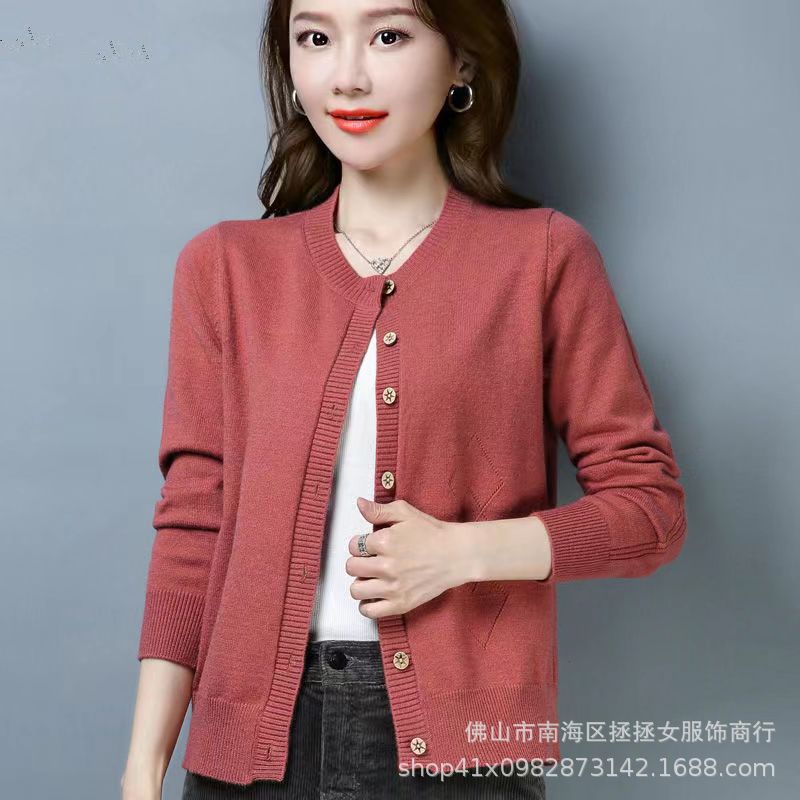 新款2025秋季OL气质开衫长袖圆领直筒型毛衣女式针织衫不一件批发