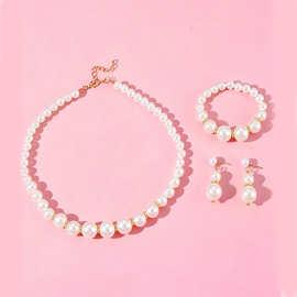 儿童珍珠项链 复古珍珠项链三件套 女童锁骨链饰品装饰品跨境