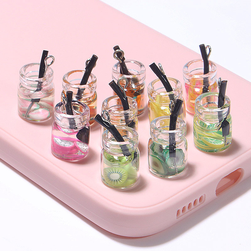 Summer Small Fruit Piece Black Straw Glass Bottle Keychain Bag Pendant Stationery Accessories
