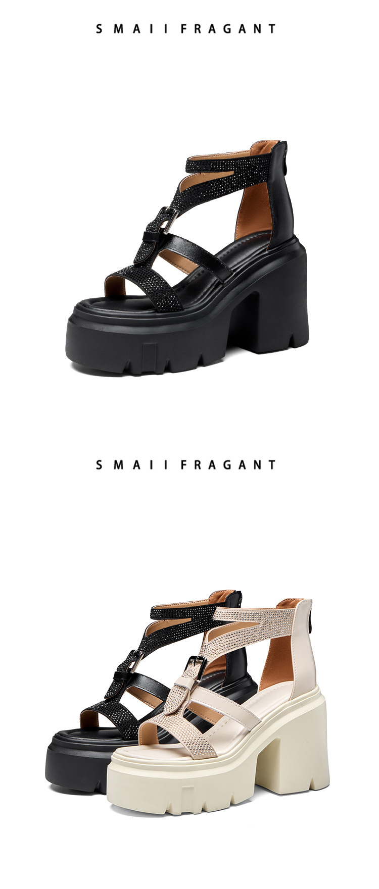 Sandal cao gót nữ đế xuồng gót 12 cm phong cách La Mã hở mũi đính đá — màu đen, màu trắng ngà chi tiết 13