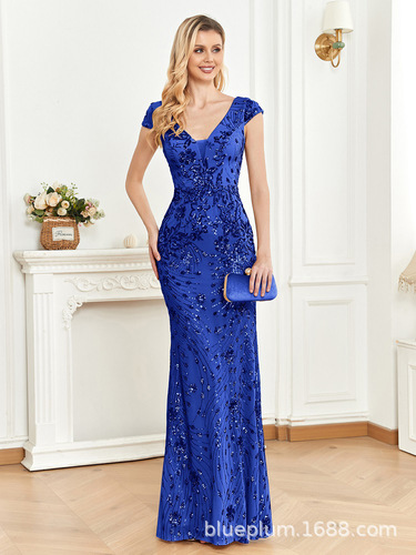 New European and American sequined blue evening dress banquet elegant slim fishtail dress long toast party dress