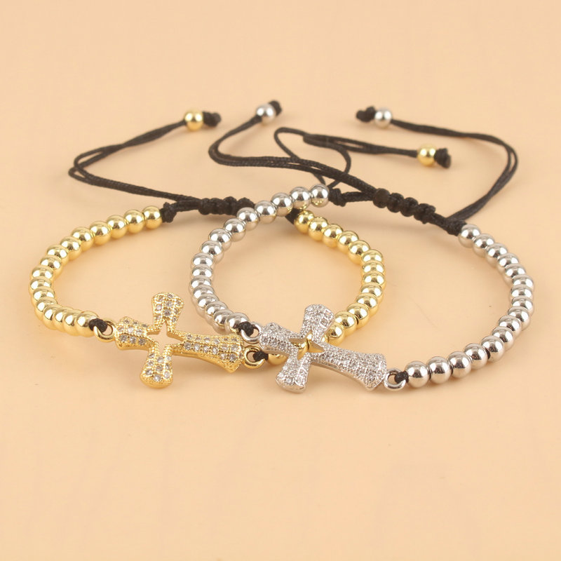 Cross-border New Products Inlaid Zircon Hollow Cross Bracelet for Men and Women Couples Fashion Woven Adjustable Copper Bead Bracelet