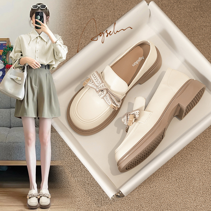 Augu Shiden Loafers for Women 2026 New Summer Style with Bowknot, British Style White Leather Shoes, Thick-Soled Single Shoes