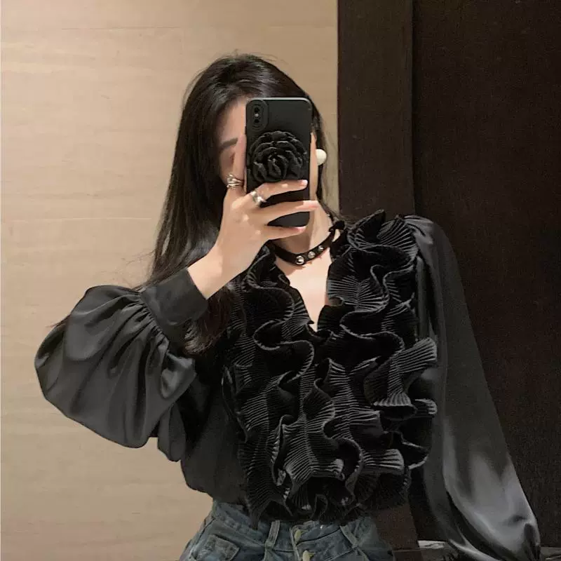Дизайн базовая деми-сезонная короткая рубашка, тренд сезона, V-образный вырез, французский стиль