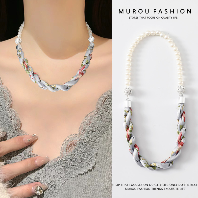 이중 자석 버클 쉘 비드 체인/블루 그레이 꽃 덩굴 길이 45cm