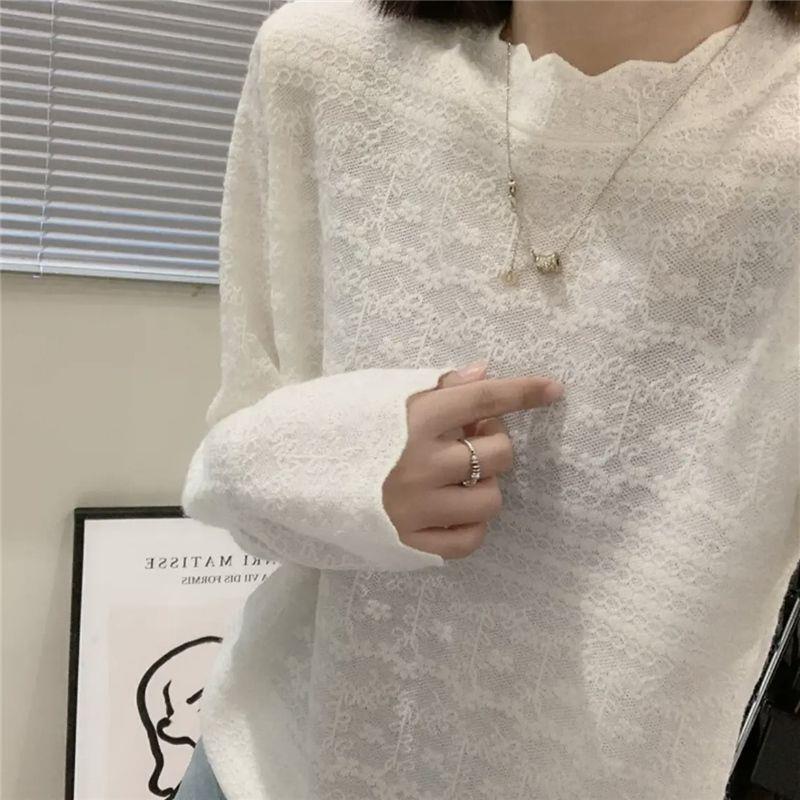 French-style lace half-high collar knit top, spring and autumn Korean version, thin jacquard loose long-sleeve versatile base shirt for women French-style lace half-high collar knit top, spring and autumn Korean version, thin jacquard loose long-sleeve versatile base shirt for women