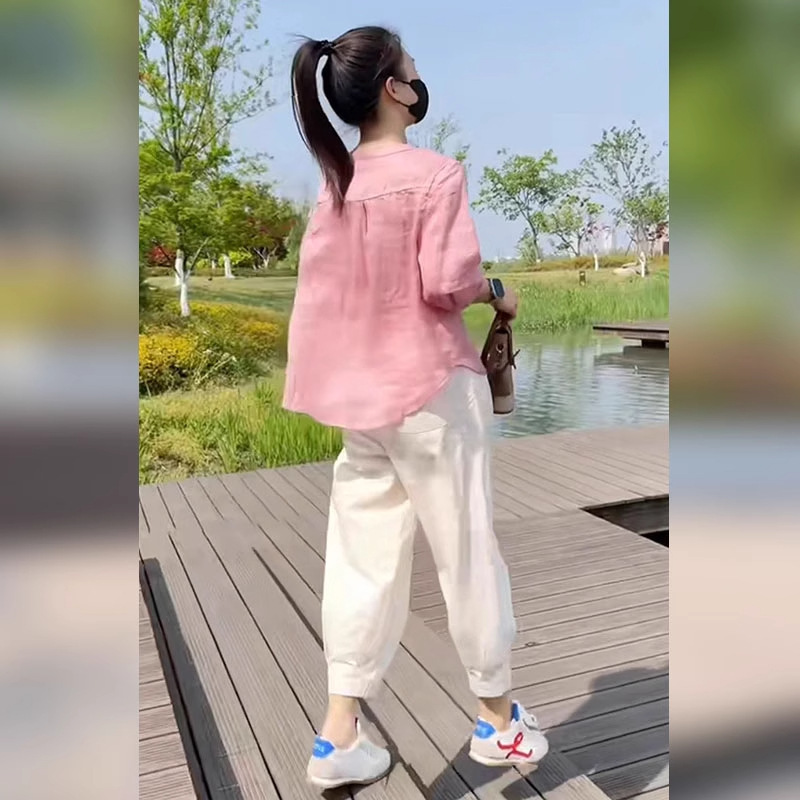 2025初夏搭配一整套韩系慵懒宽松显瘦圆领衬衫九分休闲裤两件套女|undefined