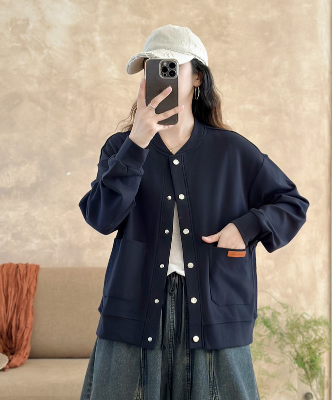 秋季新款休闲百搭长袖针织外套韩版立领棒球服开衫口袋贴标上衣|undefined
