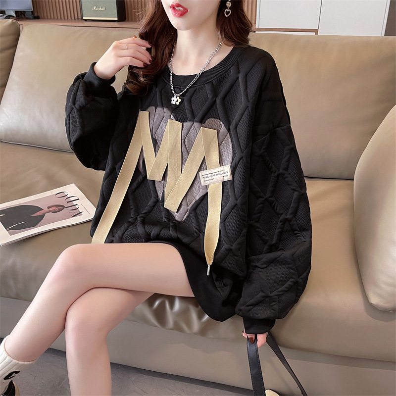 Damen Jacquard Sweatshirt Mit Bindeband Mittellang Locker Geschnitten_voghion.com